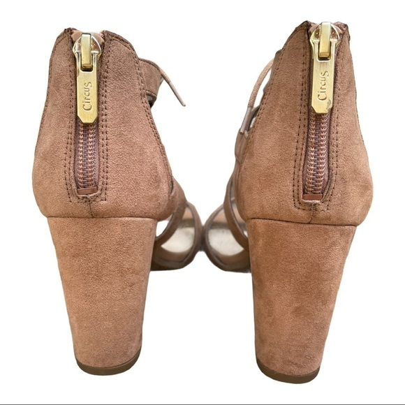 Circus by Sam Edelman Emilia Tan Back Zipper Open Toe Block Heels Size 6.5 - Picture 4 of 15